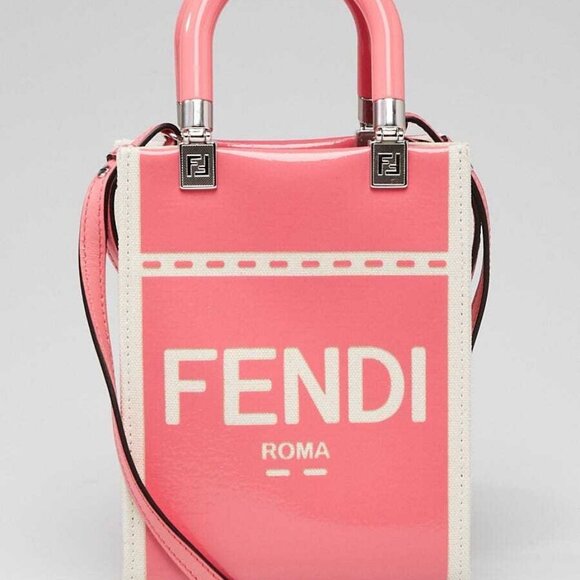 Fendi Beige/Pink Patent Leather and Canvas Sunshine Mini Crossbody Tote Bag - Picture 11 of 11